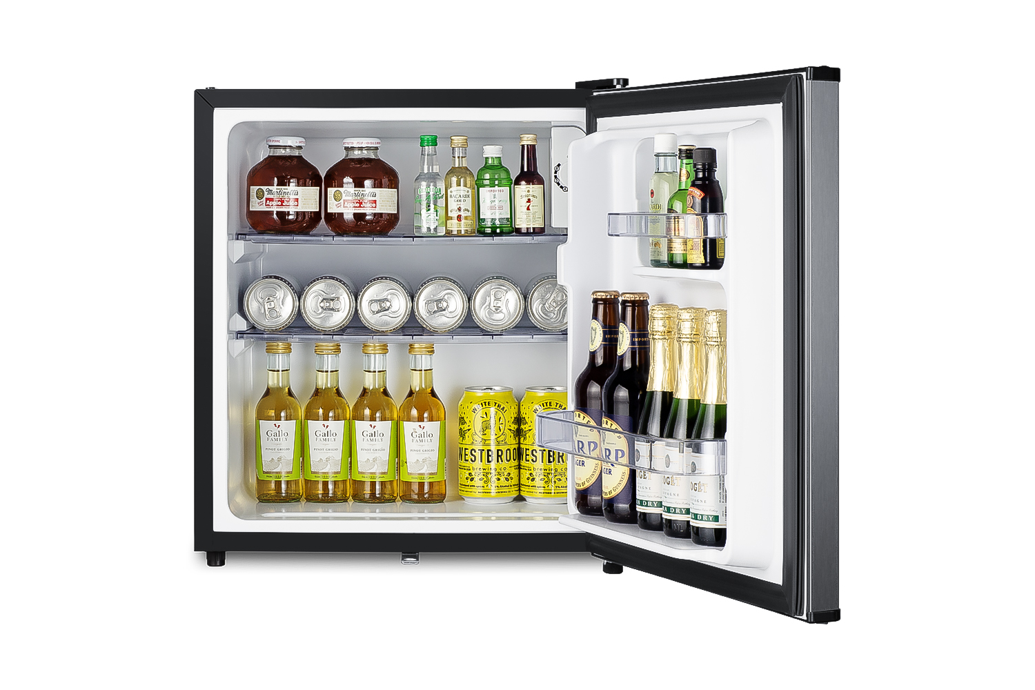 Compact minibar with reversible stainless steel door, front lock, and black cabinet